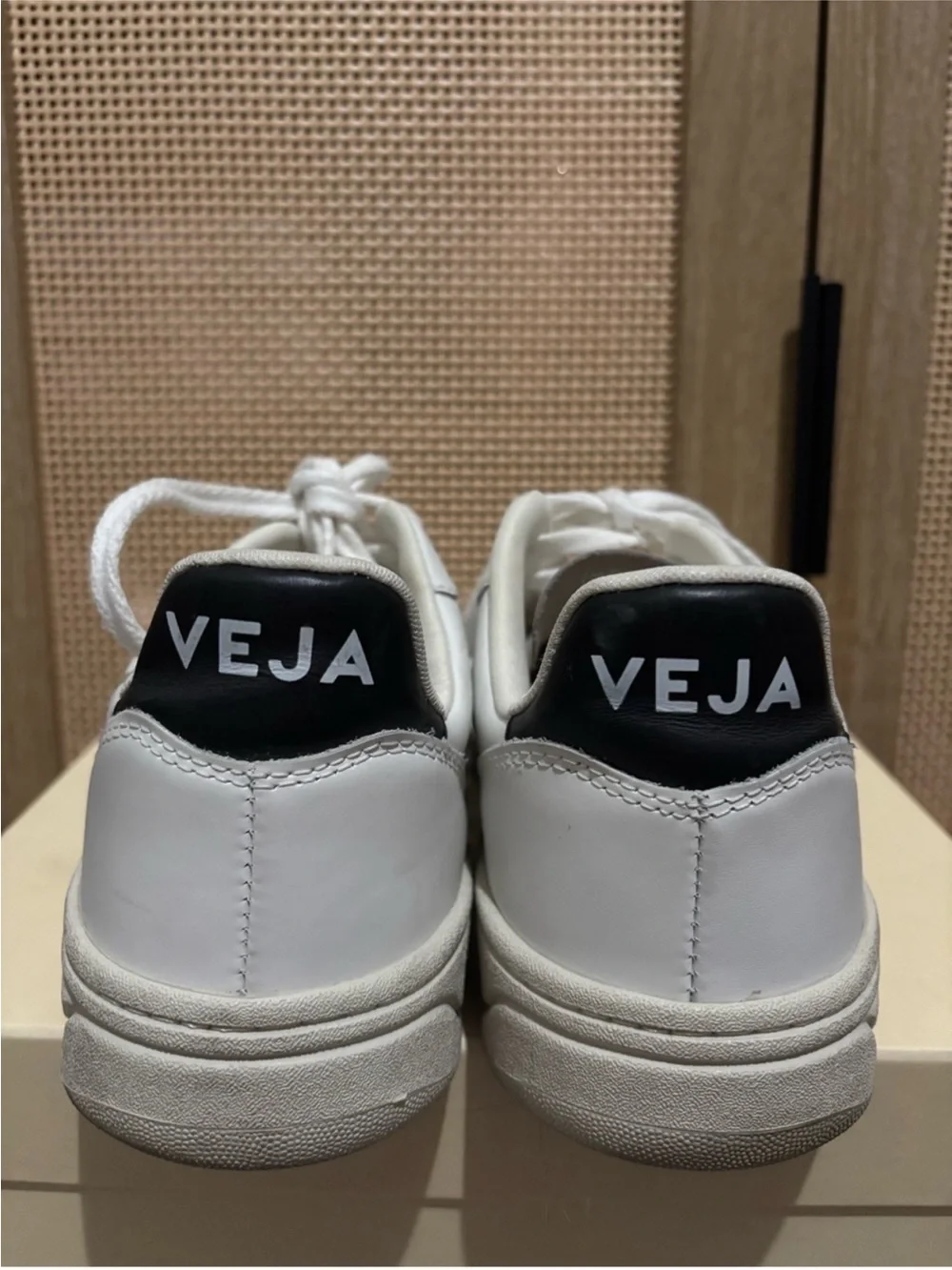 Veja V-10 Leather Sneakers — White with Black V